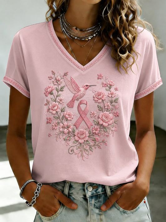 Women's Breast Cancer Pink Flowers Printed V-neck T-shirt