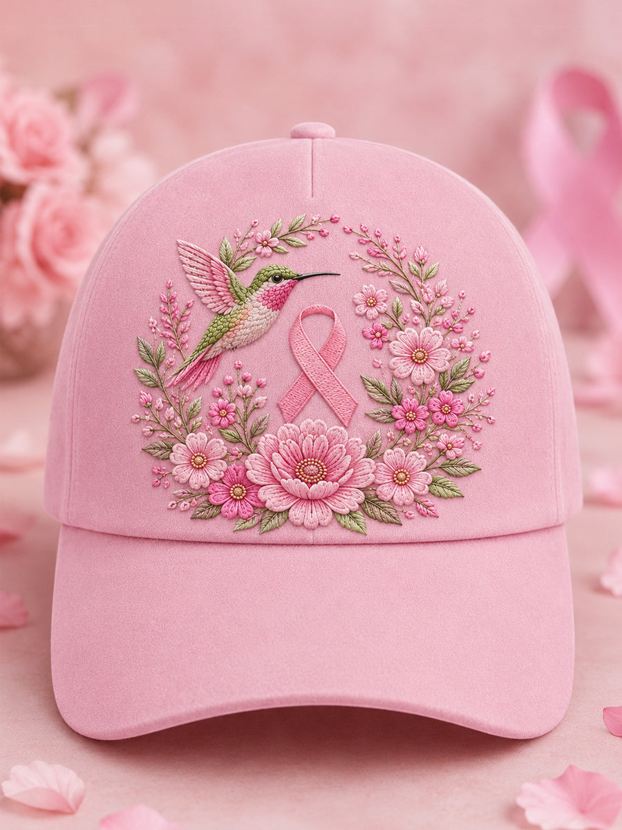 Unisex Pink Floral & Hummingbird Print Breast Cancer Awareness Support Hat