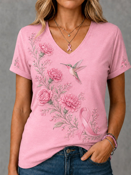 Women's Pink Floral & Hummingbird Print Breast Cancer Awareness Support V-Neck Tee