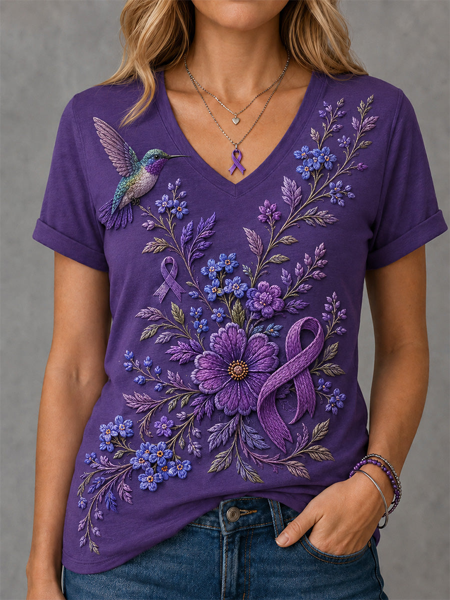 Women's Purple Floral & Hummingbird Print Alzheimer's Awareness Support V-Neck Tee