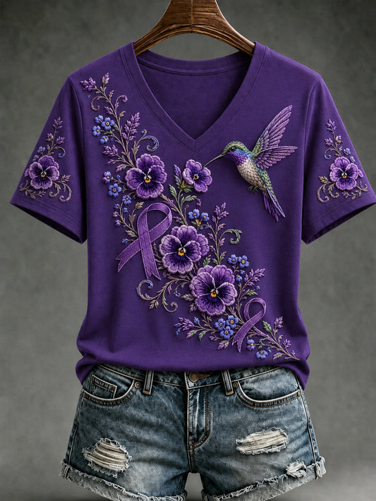 Women's Purple Floral & Hummingbird Print Alzheimer's Awareness Support V-Neck Short Sleeve T-shirt