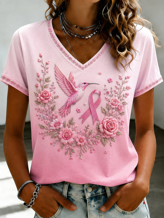 Women's Breast Cancer Pink Flowers Printed V-neck T-shirt