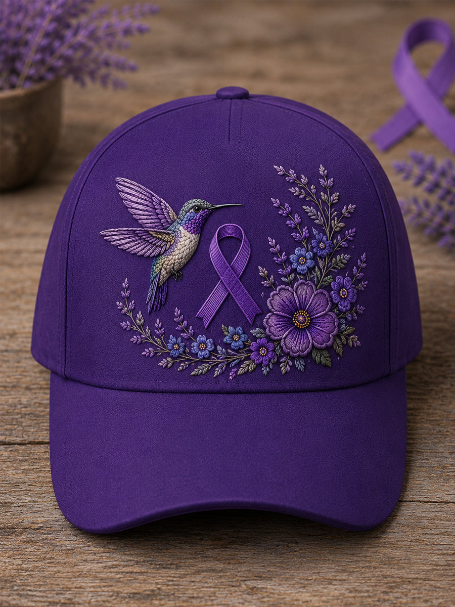 Unisex Purple Floral & Hummingbird Print Alzheimer's Awareness Support Hat
