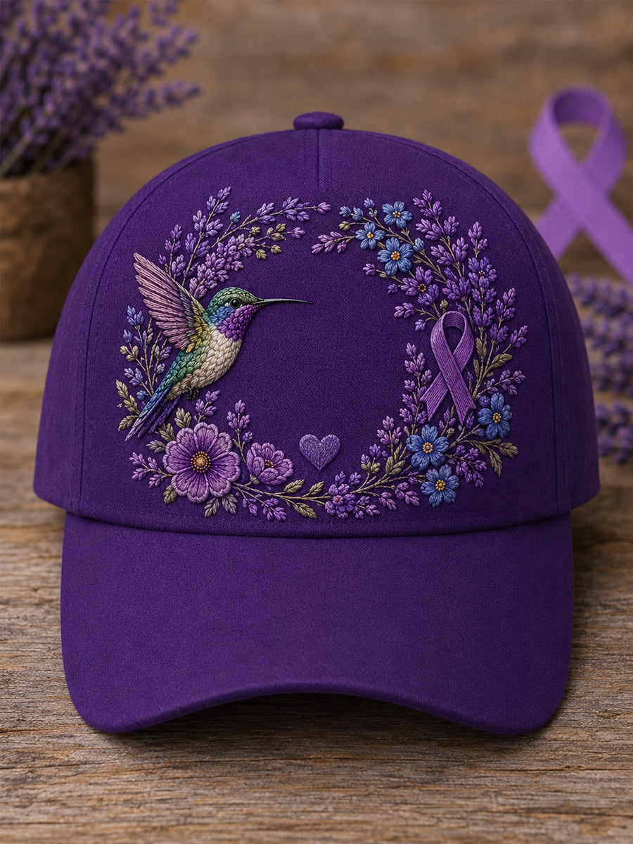 Unisex Purple Floral & Hummingbird Print Alzheimer's Awareness Support Hat