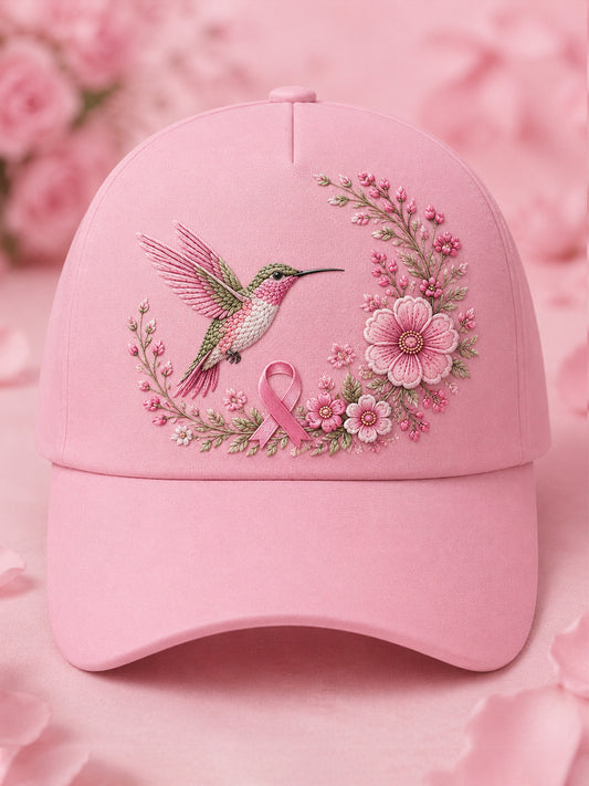 Unisex Pink Floral & Hummingbird Print Breast Cancer Awareness Support Hat