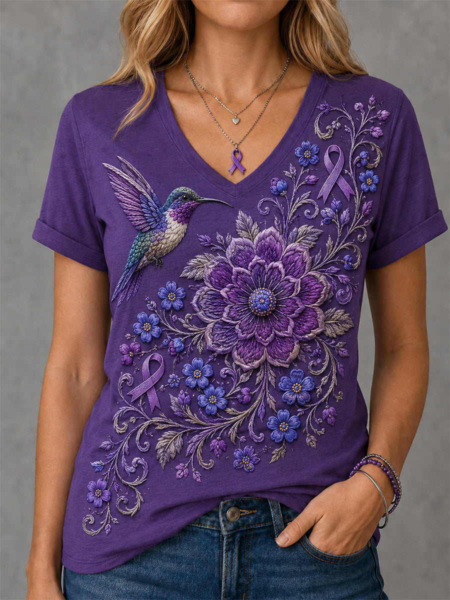 Women's Purple Floral & Hummingbird Print Alzheimer's Awareness Support V-Neck Tee