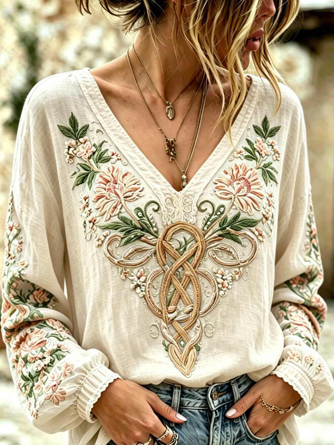 Women's Viking plant flower pattern printed casual cotton and linen shirt