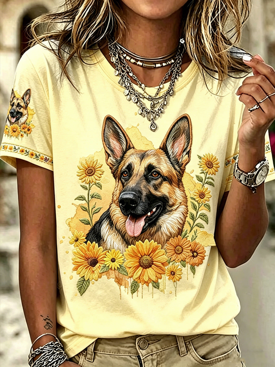 Women's Dog German Shepherd Printed Vintage Fashion Loose Short Sleeve T-Shirt