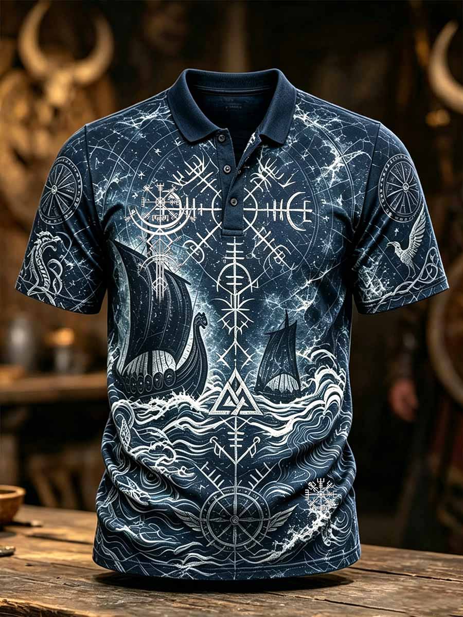 Men's Retro Viking Art Pattern Printed Polo Shirt