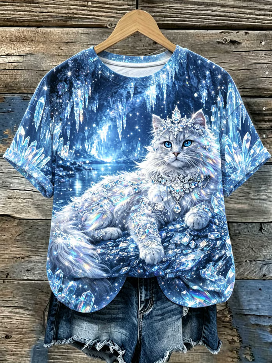 Women's Crystal-embellished cat print design short-sleeved T-shirt