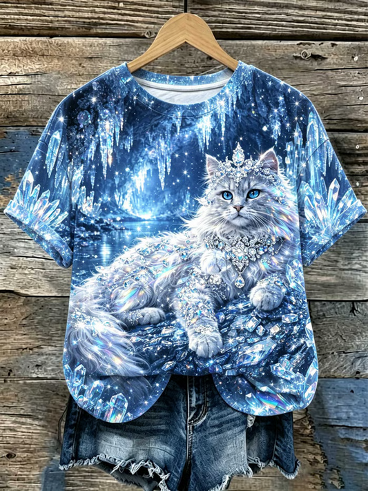 Women's Crystal-embellished cat print design short-sleeved T-shirt