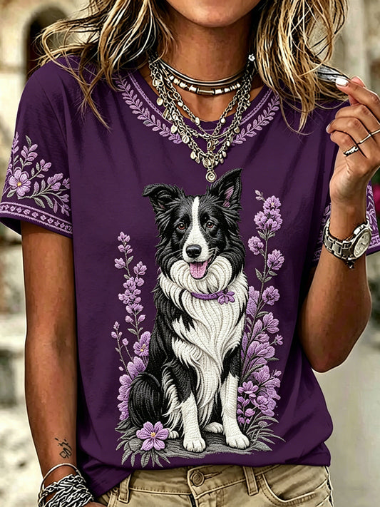 Women's Dog Border Collie Printed Vintage Fashion Loose Short Sleeve T-Shirt