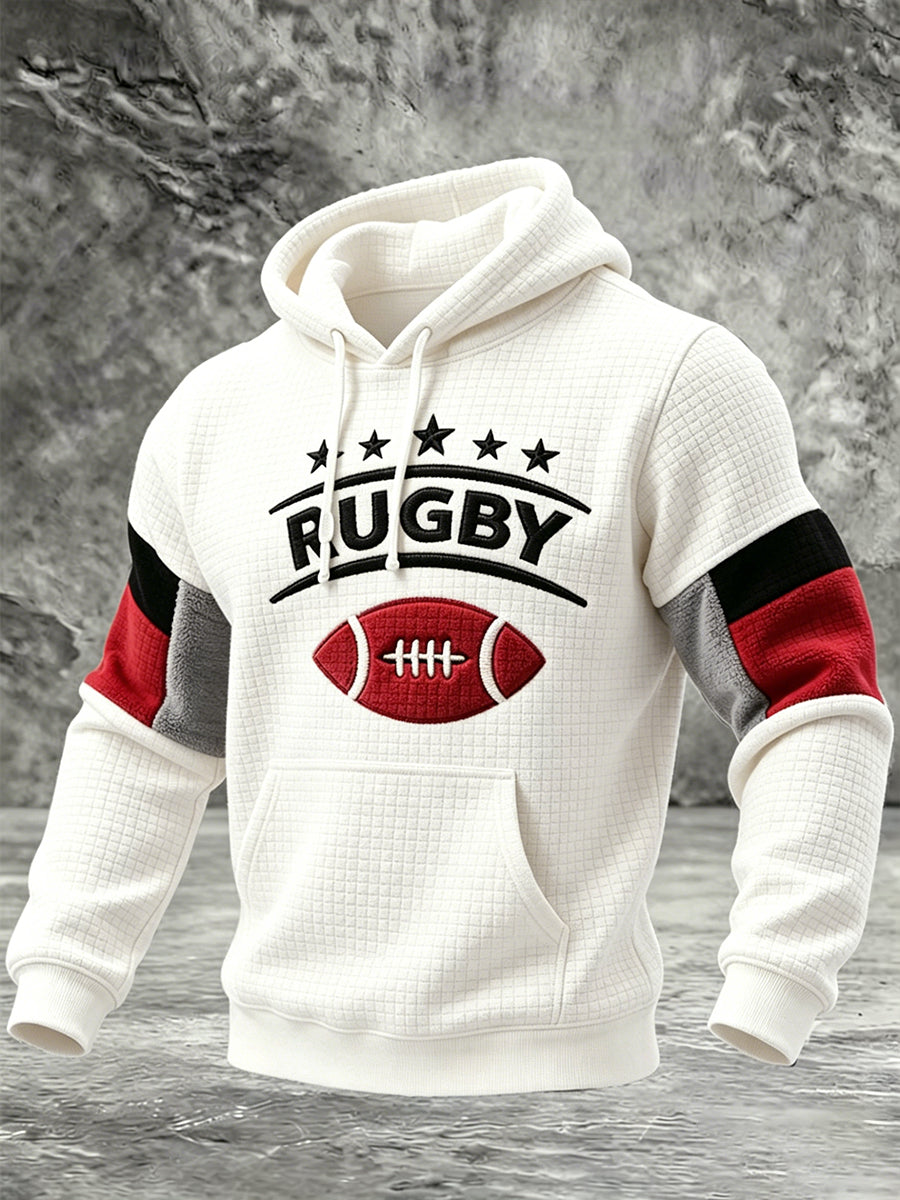 Men's Rugby-Style Faux-Fleece Printed Patchwork Off-White Hooded Sweatshirt