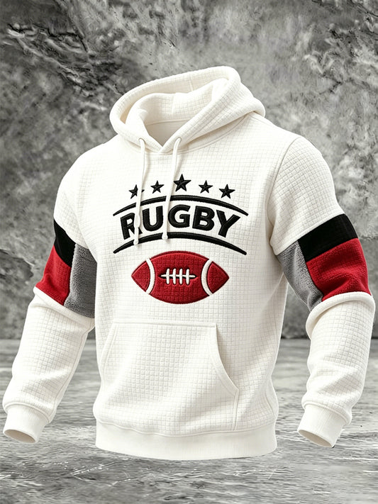 Men's Rugby-Style Faux-Fleece Printed Patchwork Off-White Hooded Sweatshirt