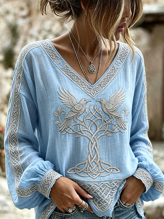 Women's Vintage Viking Inspired Art Pattern Print Cotton-Linen Shirt