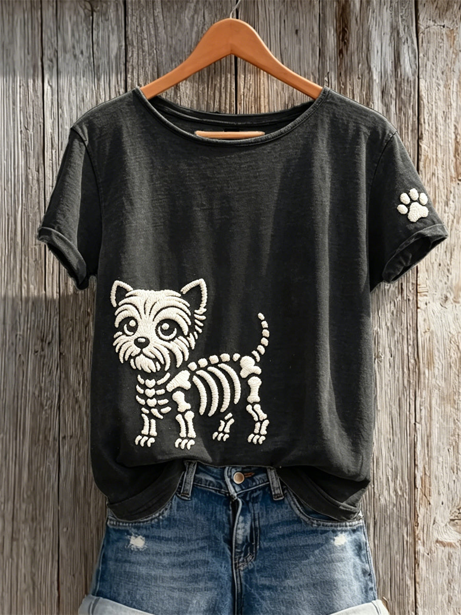 Women's Lovely Skeleton Yorkshire Terrier Dog & Paw Print short-sleeved T-shirt