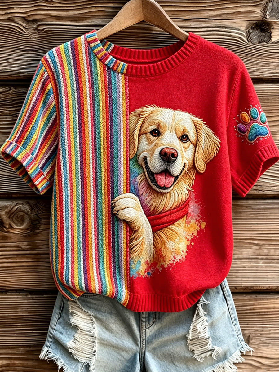 Women's Dog stripe Printed Vintage Fashion Loose Short Sleeve T-Shirt