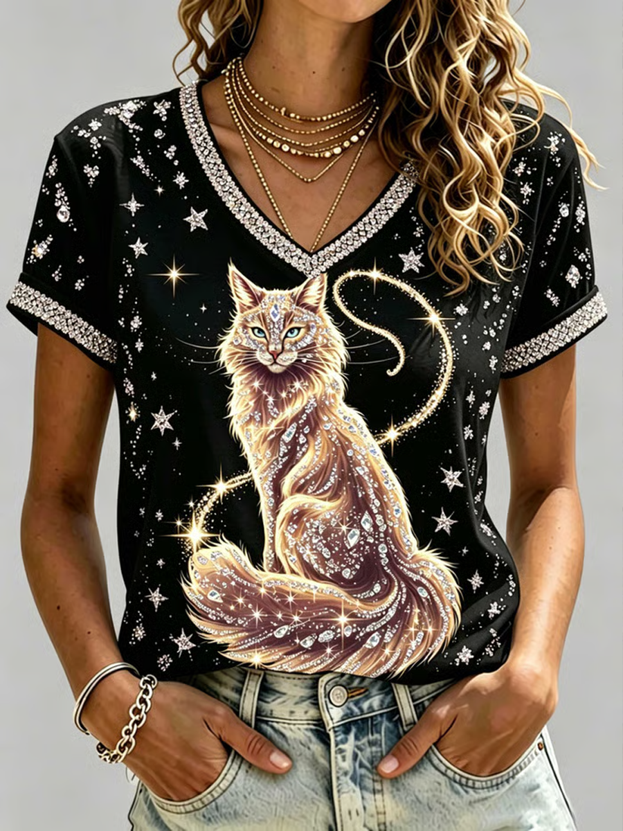 Women's Crystal-embellished cat print design short-sleeved T-shirt
