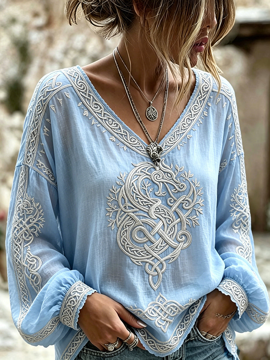 Women's Vintage Viking Celtic Dragon Art Print Cotton-Linen Shirt