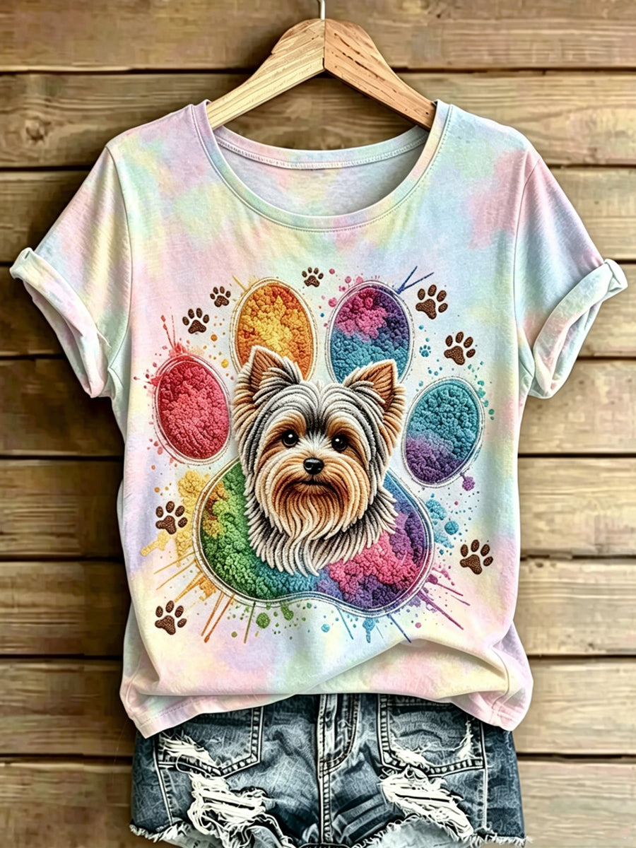 Women's Animal Dog Printed Vintage Fashion Loose Short Sleeve T-Shirt