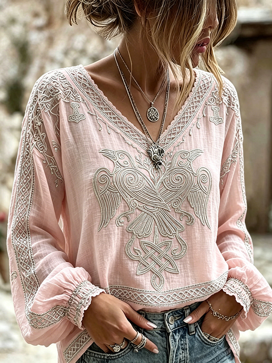 Women's Vintage Viking Celtic Ravens Art Print Cotton-Linen Shirt