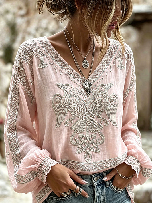 Women's Vintage Viking Celtic Ravens Art Print Cotton-Linen Shirt