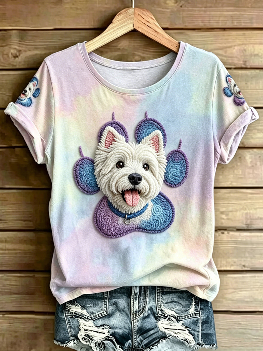 Women's Animal Dog Printed Vintage Fashion Loose Short Sleeve T-Shirt