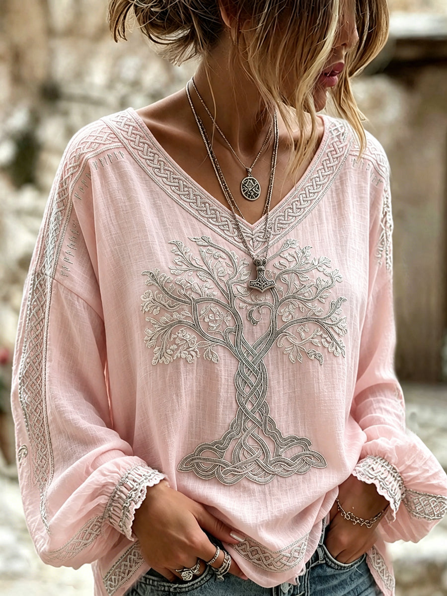 Women's Classy Viking Tree Of Life Celtic Print V Neck Cotton-Linen Shirt