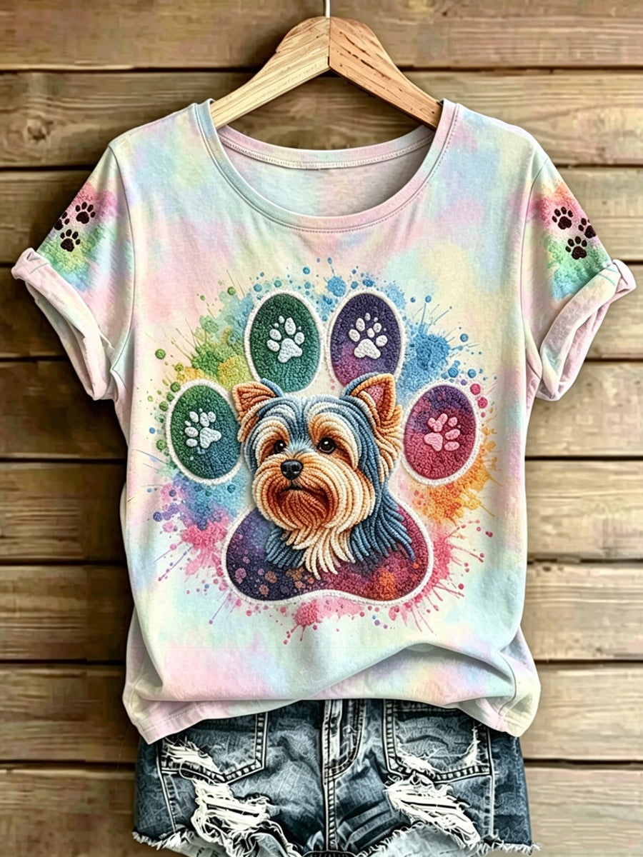Women's Animal Dog Printed Vintage Fashion Loose Short Sleeve T-Shirt