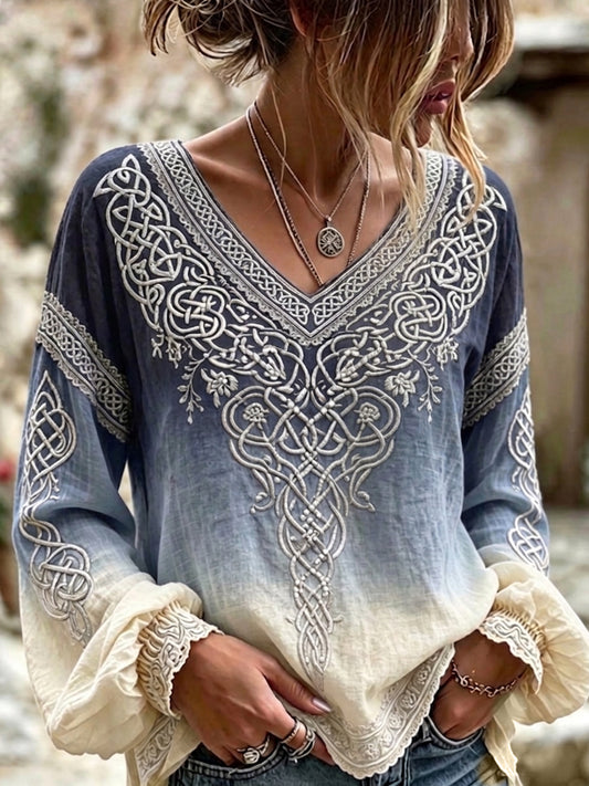 Women's Vintage Viking Celtic Print Gradient Cotton-Linen Shirt