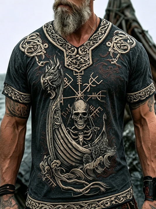 Men's retro Viking pirate skull pattern printed cotton and linen T-shirt