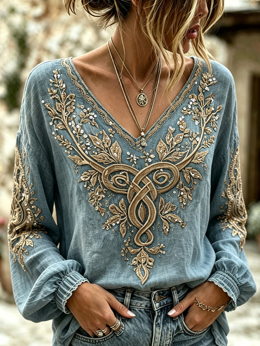 Women's retro Viking plant flower pattern printed cotton-linen shirt