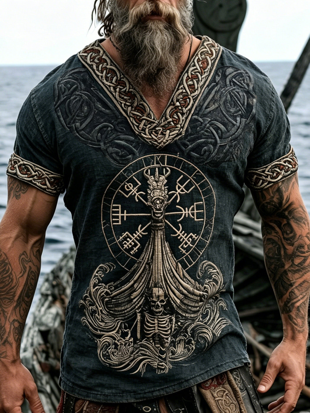 Men's retro Viking pirate skull pattern printed cotton and linen T-shirt