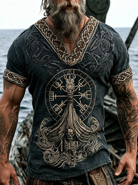 Men's retro Viking pirate skull pattern printed cotton and linen T-shirt
