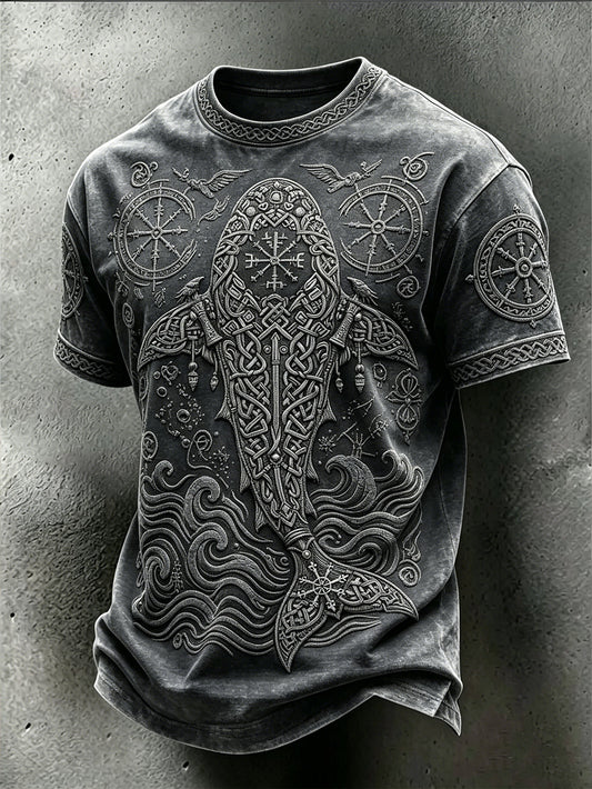 Men's Retro Viking Ocean Animal Pattern Printed Washed T-shirt