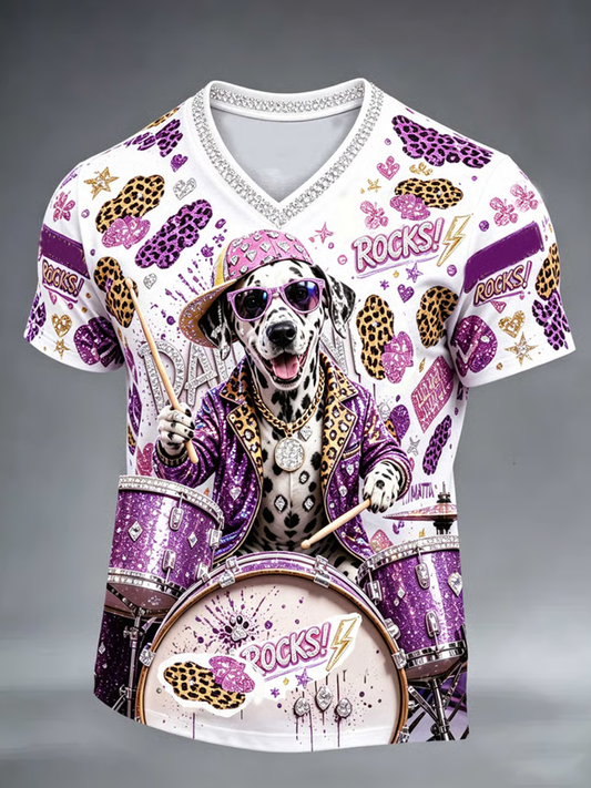 Men's Crystal-embellished dog print design V-neck T-shirt