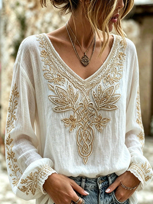 Women's retro Viking plant flower pattern printed cotton-linen shirt