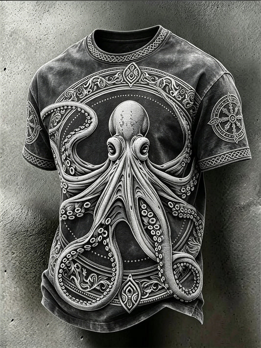 Men's Retro Viking Ocean Animal Pattern Printed Washed T-shirt
