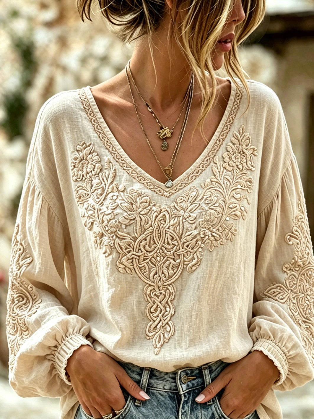 Women's Viking plant flower pattern printed casual cotton and linen shirt