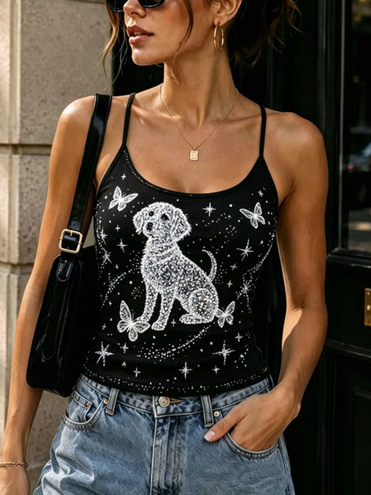 Women's Crystal-embellished dog print design Spaghetti straps