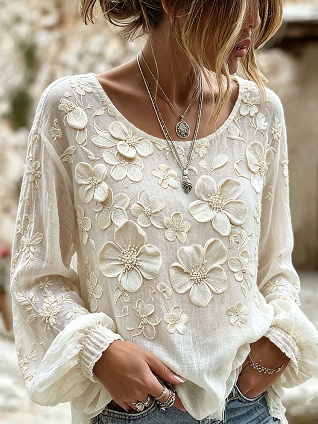 Women's flower pattern printed casual cotton and linen shirt