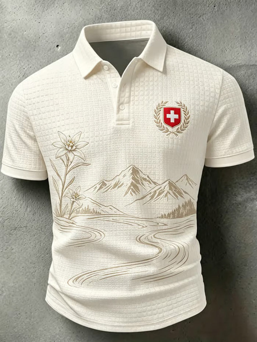 Men's Swiss Football Lover Art Print Waffle Casual Polo