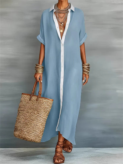 Women's Simple Contrast Color Placket Flowy Short Sleeve Maxi Shirt Dress