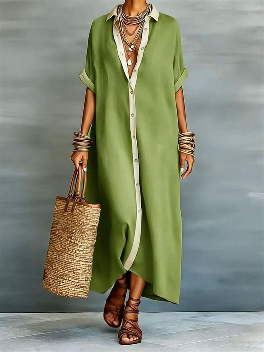 Women's Simple Contrast Color Placket Flowy Short Sleeve Maxi Shirt Dress