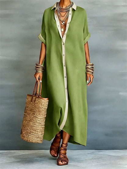 Women's Simple Contrast Color Placket Flowy Short Sleeve Maxi Shirt Dress