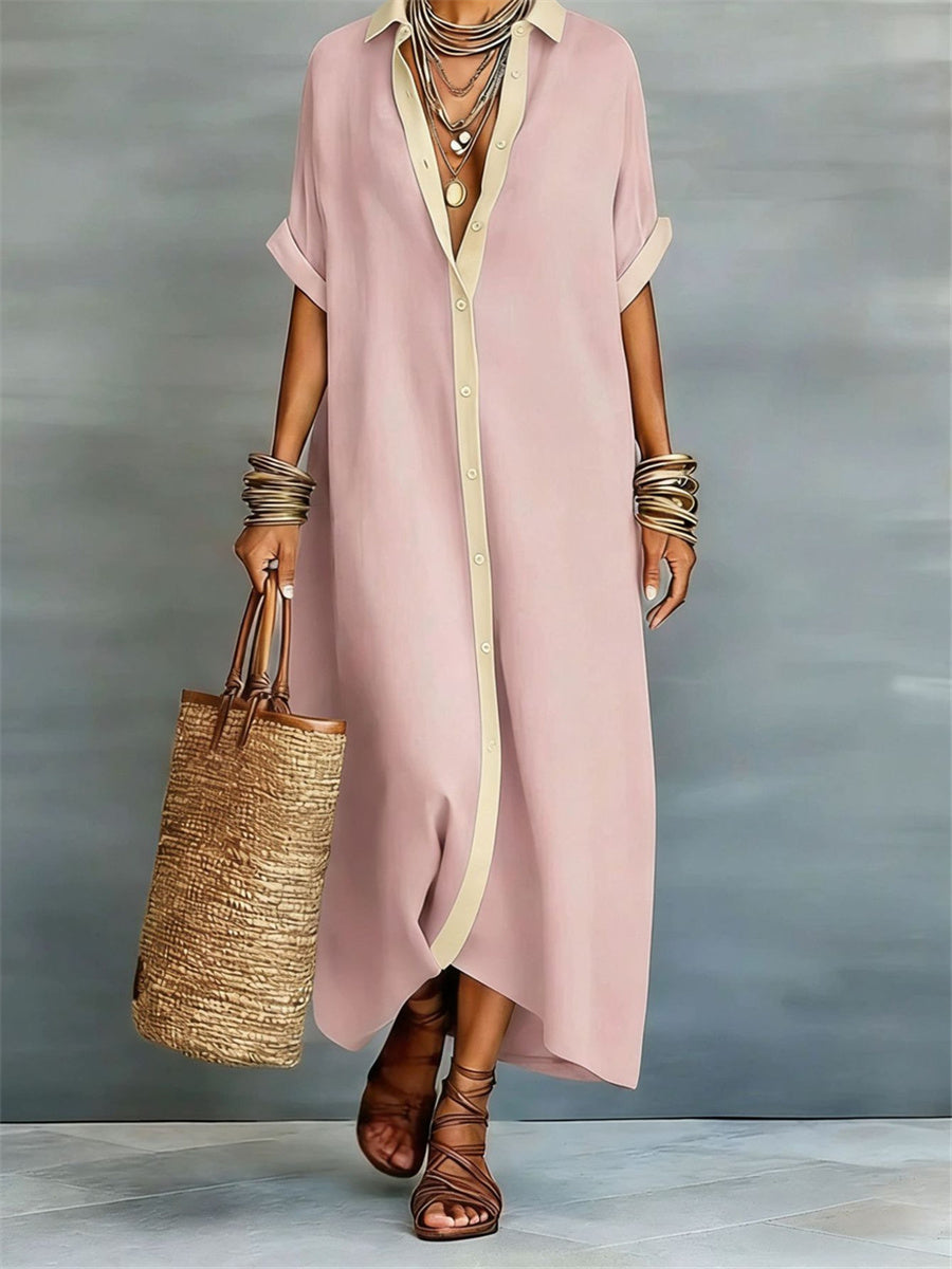 Women's Simple Contrast Color Placket Flowy Short Sleeve Maxi Shirt Dress