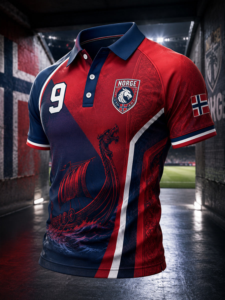 Men's Short-Sleeve Raglan Polo Shirt With Viking And Soccer-Themed Print