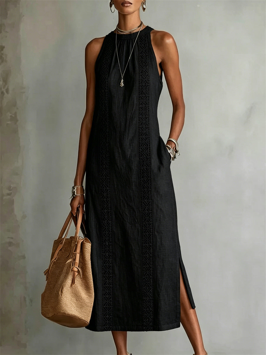 Women's Classy Simple Side Slit Sleeveless Linen Maxi Dress