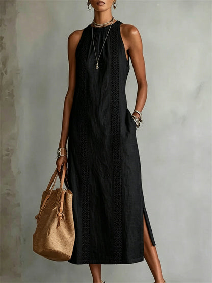 Women's Classy Simple Side Slit Sleeveless Linen Maxi Dress