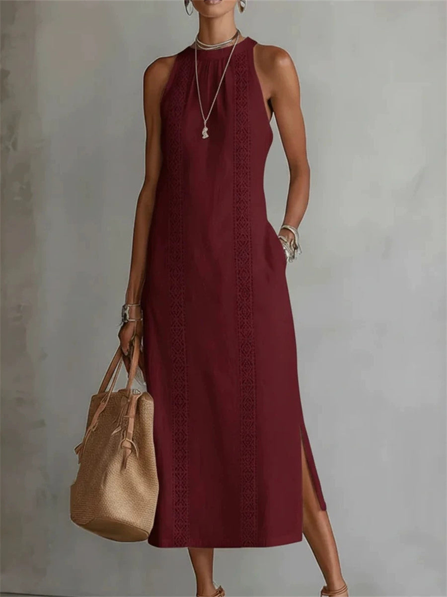 Women's Classy Simple Side Slit Sleeveless Linen Maxi Dress